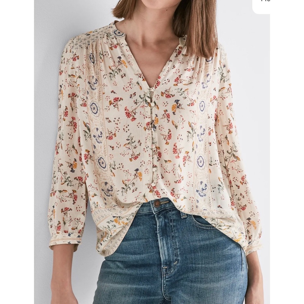 Boho Floral Peasant Blouse Cream Border Print Cottagecore V Neck M Lucky Brand